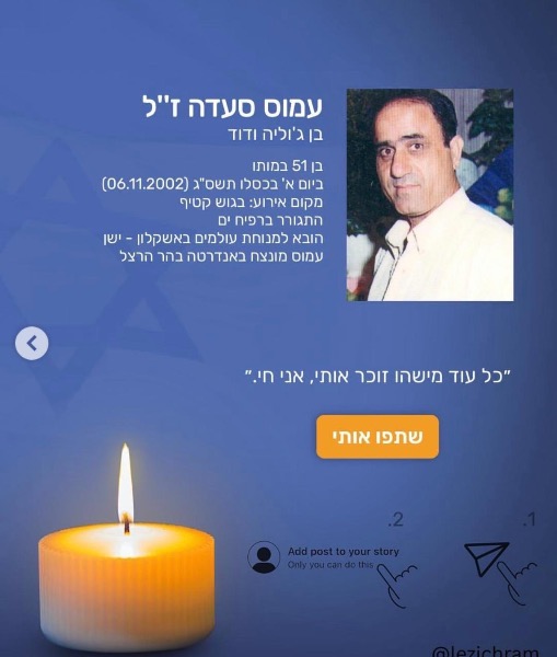 לע״נ עמוס סעדה הי״ד שנרצח ע״י בן עוולה ב א׳ בכסלו תשס״ג, 6.11.2002 בחממות רפיח ים.
תיהיה נשמתו צרורה בצרור חיים.
בשבילך תמיד נמשיך לרוץ.